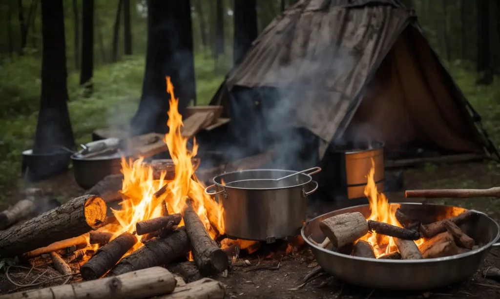 A rustic campfire cooking setup in the woods