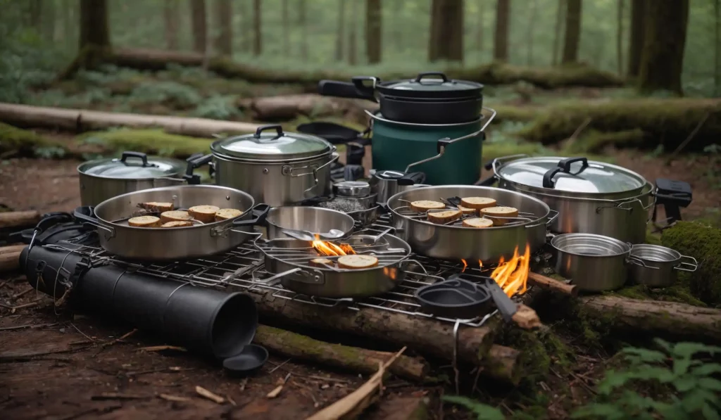 Campfire cooking kit, a collection of stainless steel pots and pans, a foldable stove grate, and various utensils neatly laid out on a log.