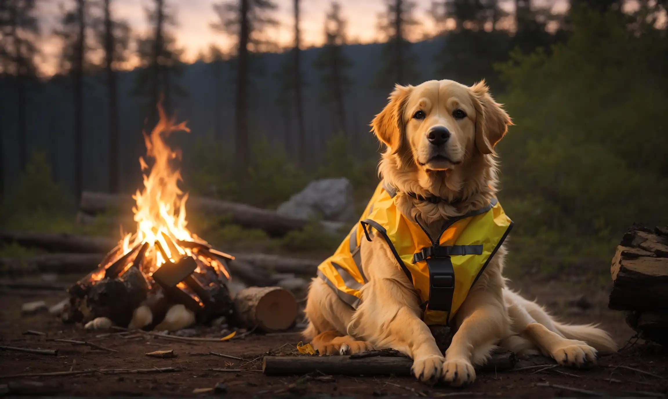 A Golden Retriever sitting obediently next to a campfire, wearing a safety reflective vest, surrounded by forest under a twilight sky