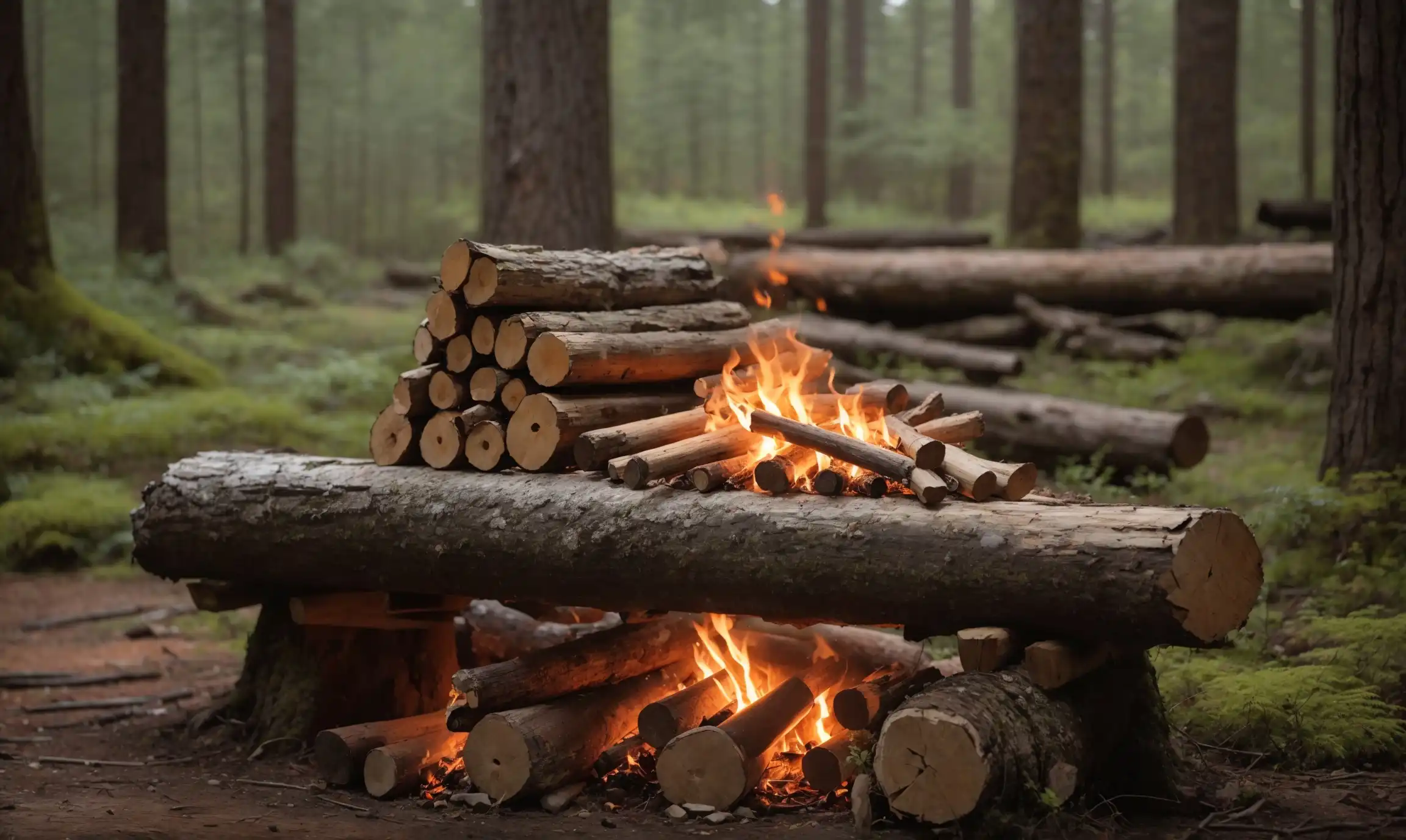 nestled deep within a pine forest with a small creek running by, towering pines with pinecones, firewood stacked neatly, and a rustic log bench