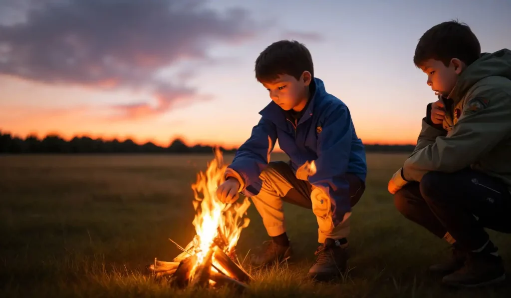 Campfire safety, a scout leader demonstrating safe distance to children around a campfire