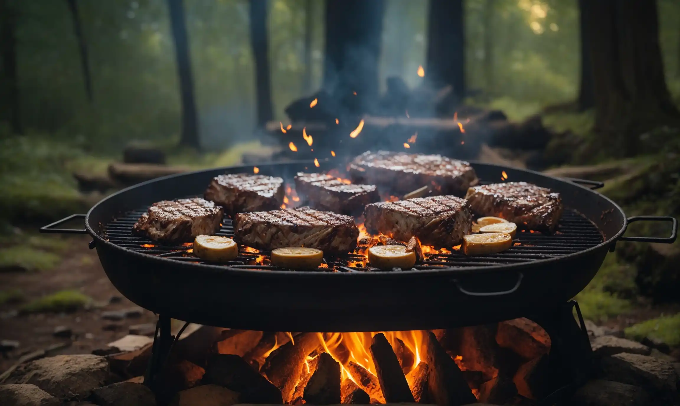 a rustic campfire with sizzling steaks on a grill