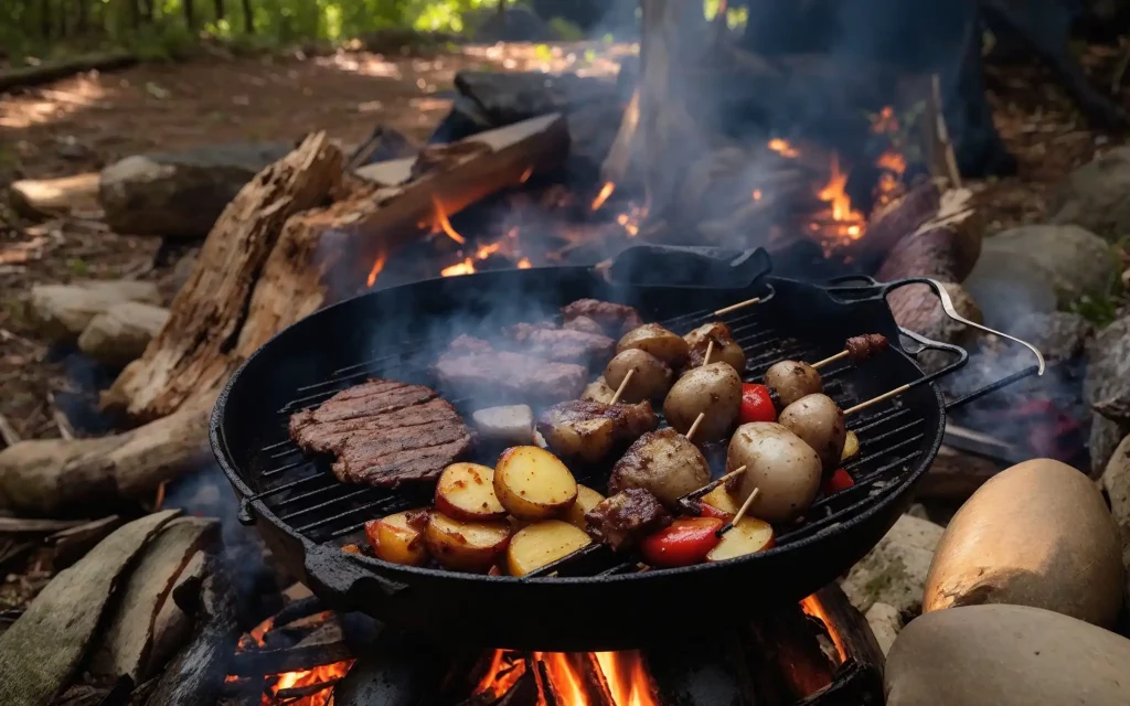 Campfire cooking with various techniques, skewers with marinated meat held above the fire by wooden sticks, foil-wrapped potatoes in the embers, and a cast-iron skillet with vegetables on a grill grate