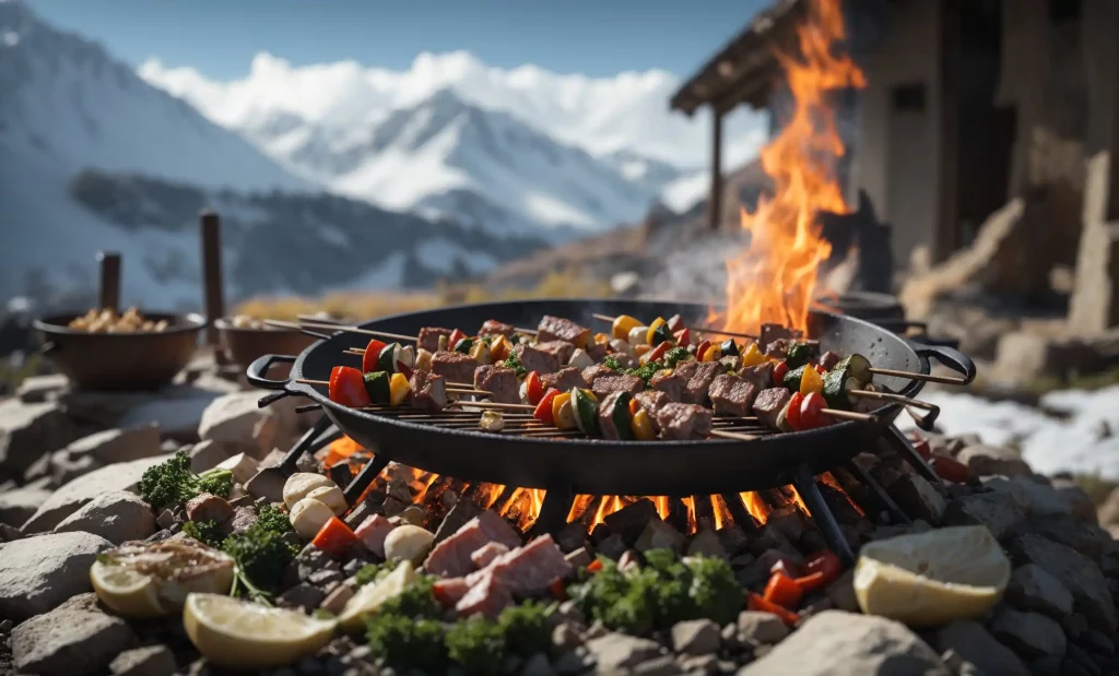 Cook Over an Campfire, an individual skillfully turning skewers of mixed vegetables and meat, balanced over stones surrounding the fire, set against a backdrop of a snowy mountain range