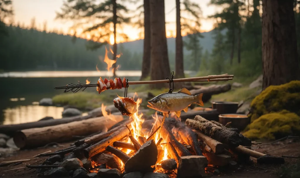 Cooking Fish Over a Campfire, a rustic campfire in the wilderness with a fish skewered on a stick