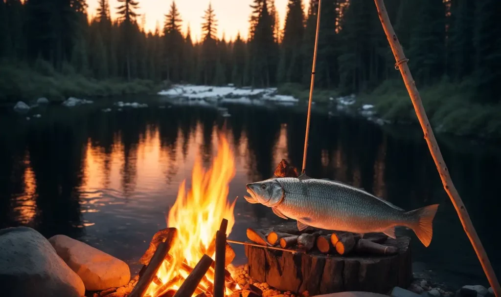 Fish Preparation Over a Campfire