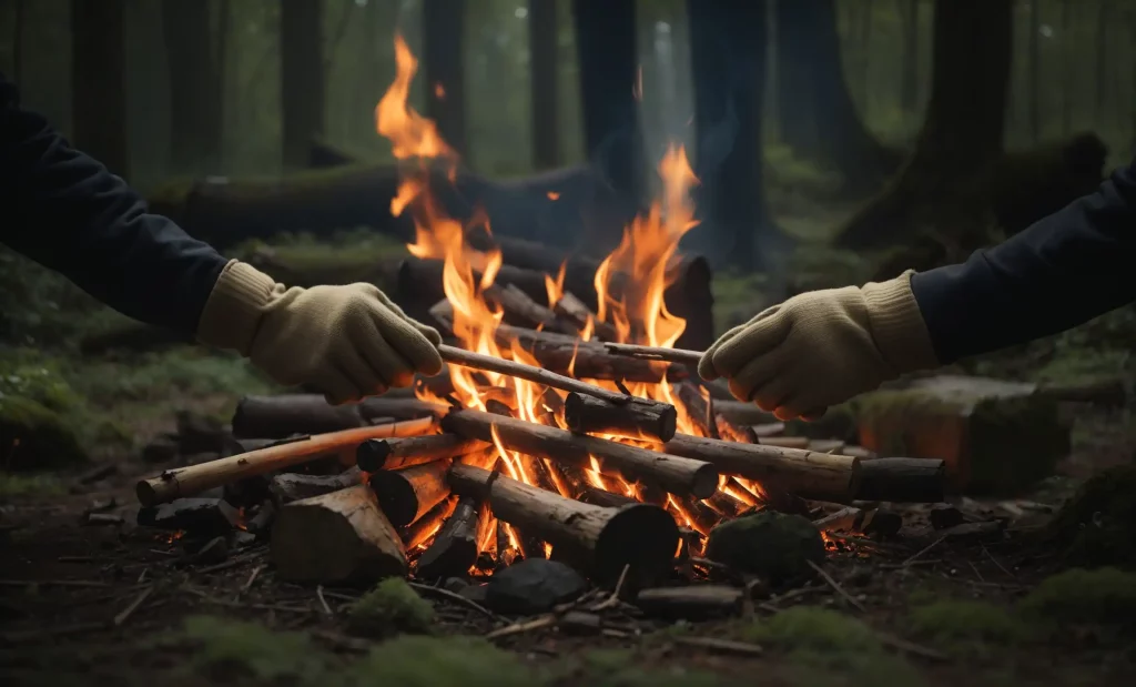 a pair of gloved hands adjusting the burning logs with a long stick to get an even flame