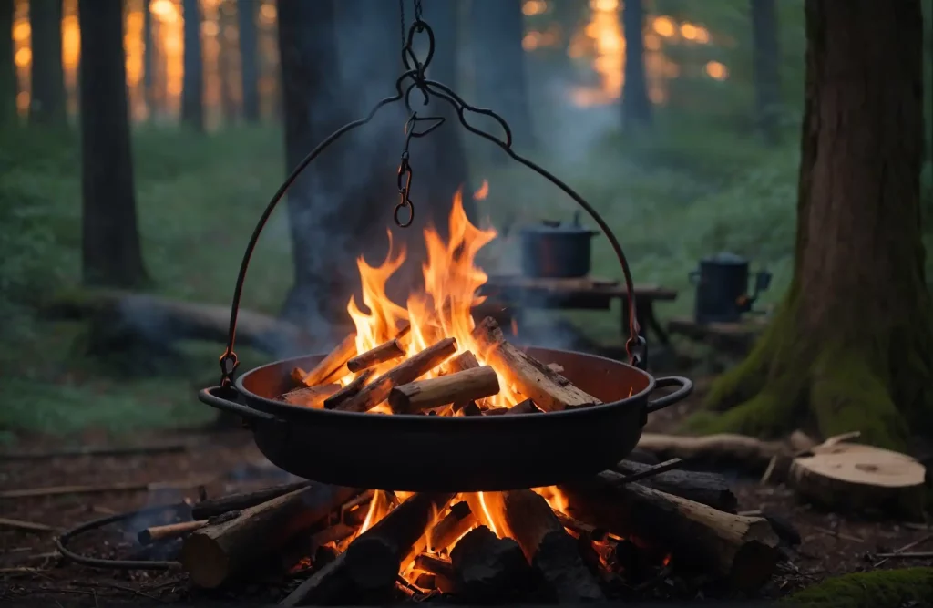 a roaring campfire with orange flames licking a hanging cast-iron pot
