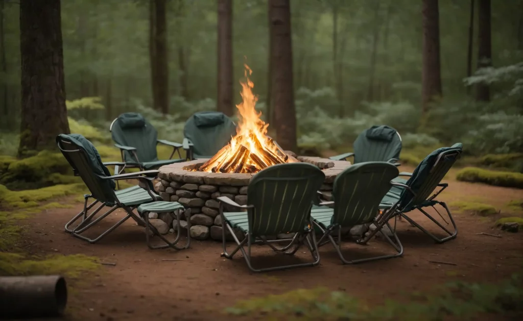 circle of six camping chairs close to the campfire